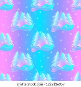 Vector holographic seamless pattern with abstract vivid compositions of pink and blue christmas trees with snowflakes.