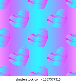 Vector holographic seamless pattern with pink and blue textured hearts. Abstract background for Valentines Day.
