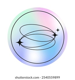 Vector holographic sticker or patch with outline cosmic symbol.Modern iridescent foil label in y2k aesthetic.Trendy 90s emblem for banners,social media marketing,branding,packaging,offers
