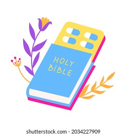 Vector Holy Bible sticker.Vector сlip art colors. Book illustration with flowers. Medicine.