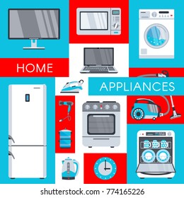 vector home appliance advertising poster banner design. Gas stove, dishwasher, washing machine, electric kettle or teapot, hair dryer, iron, vacuum cleaner, laptop, monitor clock, fridge icon set.