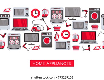 diseño de afiches publicitarios de aparatos domésticos vectoriales. Cocina de gas, lavavajillas, lavadora, hervidor eléctrico o tetera, secador de pelo, plancha, aspiradora, portátil, reloj de monitor, refrigerador sin soldadura