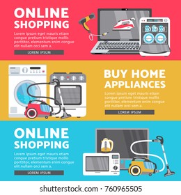 vector home appliance sale poster, banner set- tv set plasma panel laptop, microwave oven, dishwasher, gas stove, iron, electric kettle and vacuum cleaner, washing machine and hair dryer isolated icon