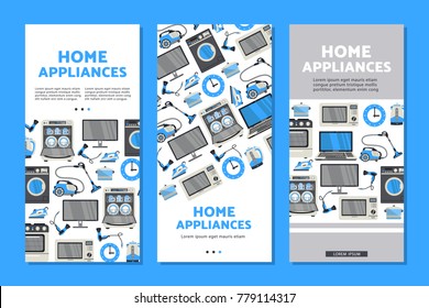 vector home appliance sale poster, banner set- tv set plasma panel laptop, microwave oven, dishwasher, gas stove, iron, electric kettle and vacuum cleaner, washing machine and hair dryer isolated icon