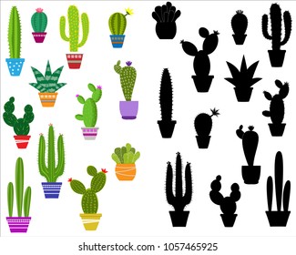 Vector home cactus icons. Cactus icons in a flat style on a white background. Home plants cactus in pots