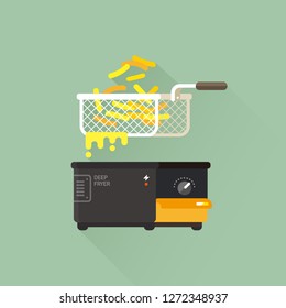 vector home deep fryer for cooking french fries and roast product in hot oil / household equipment / flat illustration, cartoon style / isolated, sign and icon template
