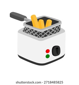 Freidora casera de Vector para cocinar papas fritas francesas y producto asado en aceite caliente Ilustración plana de equipo doméstico, estilo de dibujos animados aislado.  