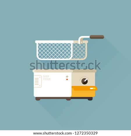 vector home deep fryer for cooking french fries and roast product in hot oil / household equipment / flat illustration, cartoon style / isolated, sign and icon template
