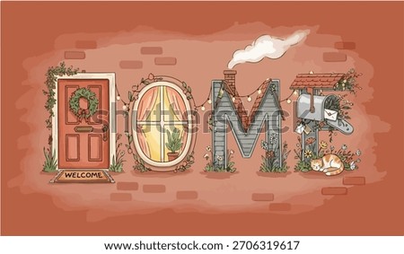 Vector home featuring home typography with cozy door window and mailbox vector. Scalable design suitable for various applications. Scalable vector format suitable for print and digital media.
