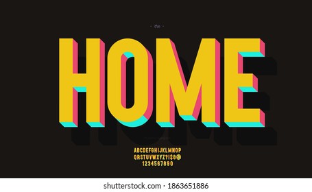 Vector home font 3d bold color style modern typography for infographics, motion graphics, video, promotion, decoration, logotype, party poster, t shirt, book, animation, banner, game, printing. 10 eps