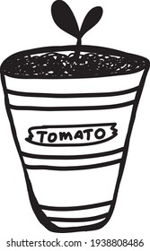 Vector home gardening. Vector isolated illustration. Small plant in a cute pot. Window gardening. Sapling in the ground. Black line illustration.