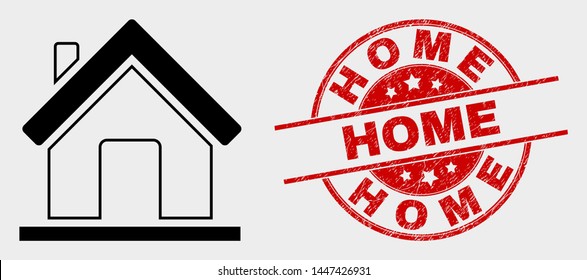 Vector home icon and Home seal stamp. Red rounded scratched seal stamp with Home text. Vector composition in flat style. Black isolated home icon.