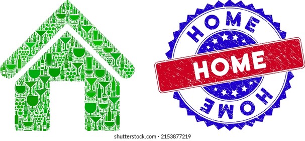 Vector home icon wine collage with grunge bicolor Home seal. Red and blue bicolored seal with rubber style and Home tag. Home mosaic icon formed with wine glasses, green bottles and grape bunches.