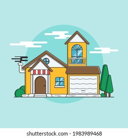 vector home ilustration simple icon with tree and clouds, vector of house ilustration.  