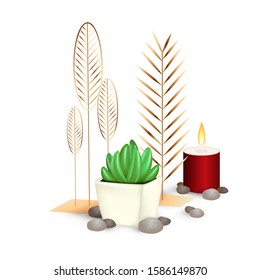 Vector home interior decor composition with realistic green succulent plant, burning candle, exotic golden leaves. Echeveria Pansy plant, decorative stones, red candle, palm leaves for home decoration