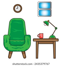 Vector home interior. Interior design of a living room for commercial uses, print, poster, presentation, infographic. Flat design illustration. With chair, clock, window, mug, table, table lamp.