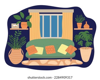 Vector home interior in flat style with cozy sofa and plants. Flat style interior with window, curtains, sofa and shelves