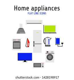 Vector home and kitchen appliances set of icons in  flat line style in form of circle for your design. Isolated on white background.