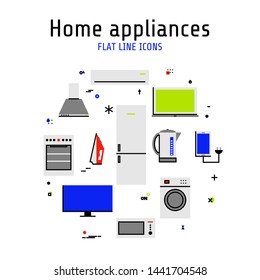 Vector home and kitchen appliances set of icons in  flat line style in form of circle with design elements in memphis style. Isolated on white background.