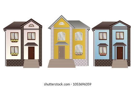 Vector. At home a lot. Set of different houses. Two-storey houses, flowers in a box on the window of a private home for the family, mesh, realistic illustration