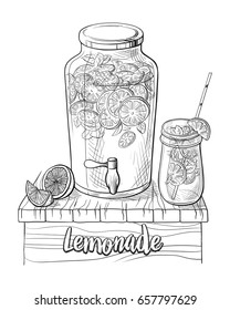 Vector home made lemonade with straw and slice of lemon illustration. Hand drawn sketch of soft drink for restaurant, bar, cafe menu design