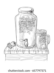 Vector home made lemonade with strawberry and slice of lemon illustration. Hand drawn sketch of soft drink for restaurant, bar, cafe menu design