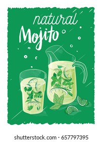 Vector home made lemonade with strawberry and slice of lemon illustration. Hand drawn sketch of soft drink for restaurant, bar, cafe menu design