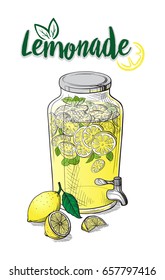 Vector home made lemonade with strawberry and slice of lemon illustration. Hand drawn sketch of soft drink for restaurant, bar, cafe menu design