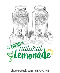 Vector home made lemonade with strawberry and slice of lemon illustration. Hand drawn sketch of soft drink for restaurant, bar, cafe menu design