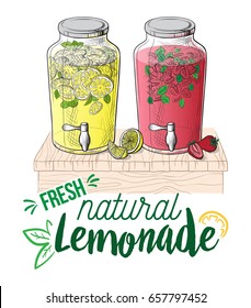 Vector home made lemonade with strawberry and slice of lemon illustration. Hand drawn sketch of soft drink for restaurant, bar, cafe menu design