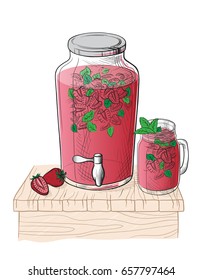 Vector home made lemonade with strawberry and slice of lemon illustration. Hand drawn sketch of soft drink for restaurant, bar, cafe menu design