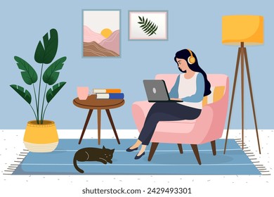 Vector home office concept, woman working from home sitting on a armchair, remote work concept
