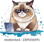 Vector Home office grumpy cat isolated on a white background