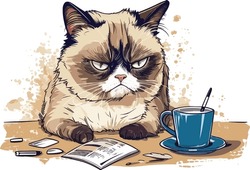 Vector Home Office Grumpy Cat Isolated On A White Background