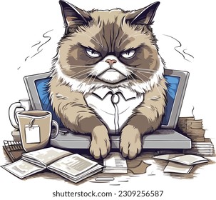 Vector Home office grumpy cat isolated on a white background