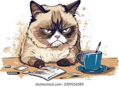 Vector Home office grumpy cat isolated on a white background