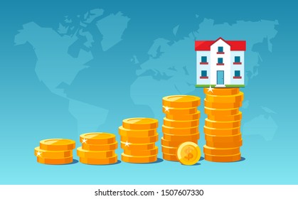 Vector of a home on top of a pile of gold coins growing up. Real estate and growing prices concept 