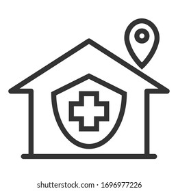 Vector Is Home Outline Icon With Armor Healthcare Plus And Pin Location On White Background.