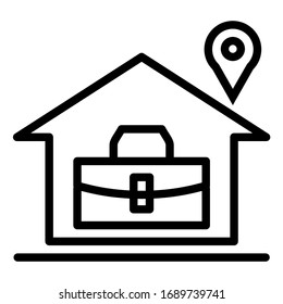 El vector es un icono del contorno de casa con la ubicación del alfiler y la bolsa de negocios en fondo blanco.