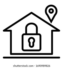 Vector is home outline icon with lock key and pin location on white background.