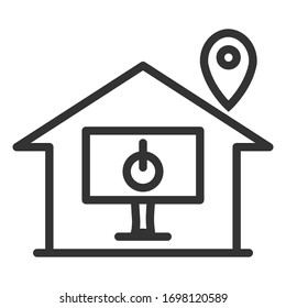 Vector is home outline icon with power laptop and pin location on white background.