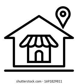 Vector  home outline icon with shop store and pin location on white background.