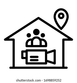 Vector is home outline icon with video meeting group team and pin location on white background.