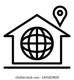Icono de contorno de hogar del vector con ubicación social y de anclaje en el mundo sobre fondo blanco.