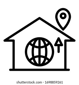 El vector es un icono de contorno en casa con una flecha y una posición de clavija en el fondo blanco.