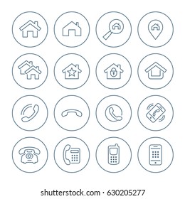 Vector home and phone simple outline icon set in circle.