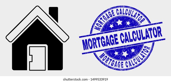 Vector home pictogram and Mortgage Calculator stamp. Red rounded distress stamp with Mortgage Calculator text. Vector combination in flat style. Black isolated home pictogram.