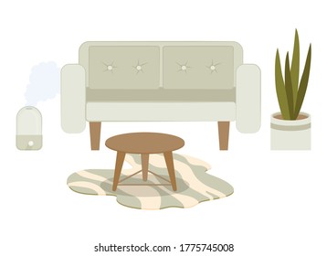 Vector home, place for relaxation. Cartoon home interior with fat cat on green sofa and humidifier. Set home sweet home