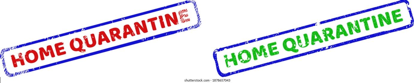 Vector HOME QUARANTINE framed watermarks with distress surface. Rough bicolor rectangle seal stamps. Red, blue, green colors used.