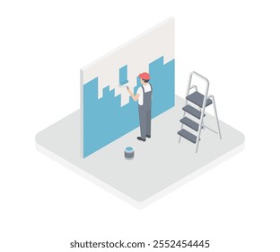 Vector home renovation isometric illustration. Professional worker with painting roller, tray, brush, ladder with bucket of paint and cloth. Painting walls, house construction concept. Isolated.